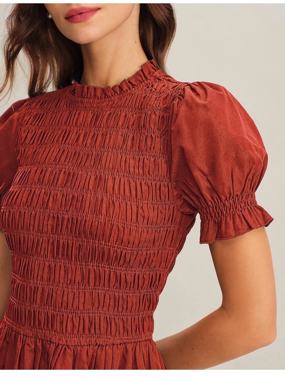 Red Puffed Sleeve Shirred A-
Line Midi Dress - Picture 4 of 7